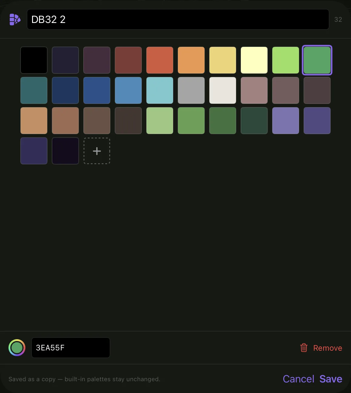 The palette editor on iPad: the name DB32 2 at the top with 32 next to it, a grid of 32 color swatches and a + square after them. The green swatch is selected; below, a color well, its hex code 3EA55F and Remove. At the bottom: Saved as a copy, built-in palettes stay unchanged, then Cancel and Save.