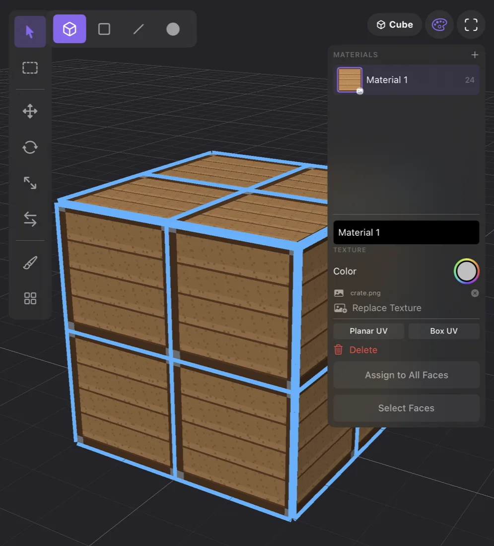 A cube with four faces per side and a crate texture but no UVs: every face shows the whole crate, so each side shows four small crates. The Materials panel beside it shows the Planar UV and Box UV buttons.