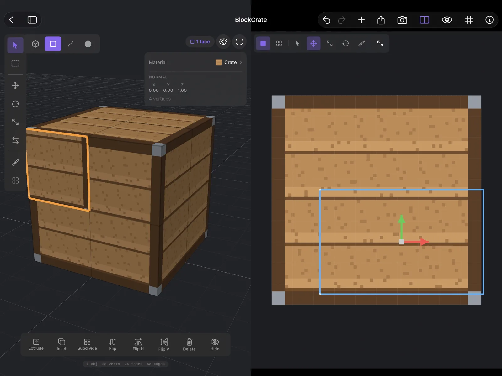 After moving: the face's outline sits over the lower right of the crate texture, and the selected face on the model, outlined in orange, shows the crate's lower right corner.